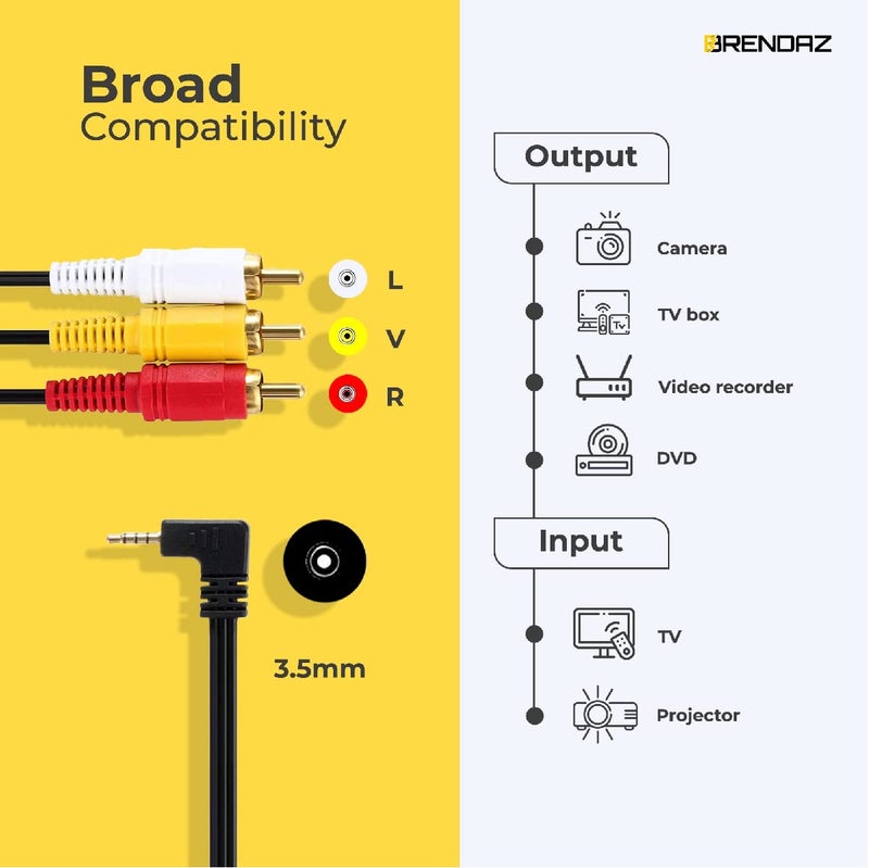 BRENDAZâ€“ 3.5mm to 3 RCA Male Plug Extension Cord for Camcorder Audio/Video AVâ€“ 6 feet AUX Lead for Smartphones, Tablets, Speakers, etc - Image 2